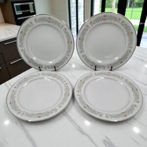 4 Eileen 10 1/4” Dinner Plate Cotillion Floral Silver Trim Pattern 3693 Japan